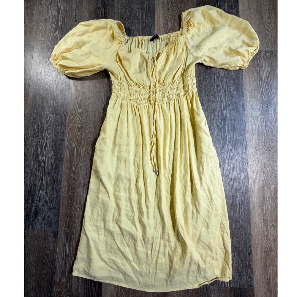 Tahari Smocked Linen Blend Dress Womens Yellow Puff Sleeve Boho Midi